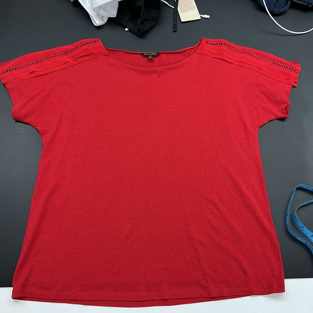 Elegant Red Women's knit top with silk details and lace at shoulder.